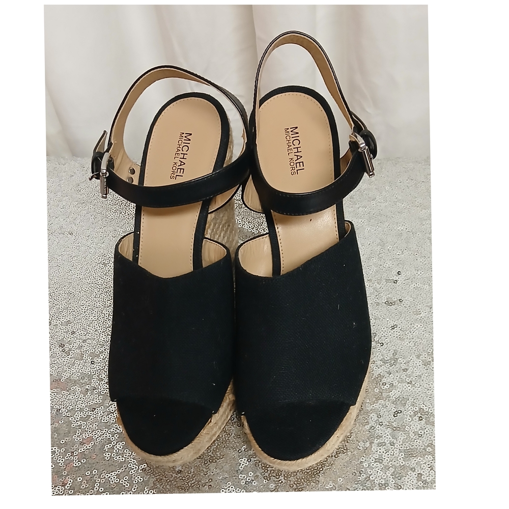 MICHAEL Michael Kors Black Suede Espadrille Wedge Sandals - Picture 3 of 16